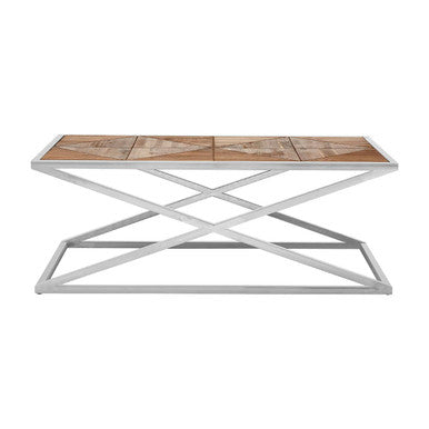Rustic Grooved Fir Wood Veneer Coffee Table with Silver Stainless Steel Criss Cross Frame, Hudson