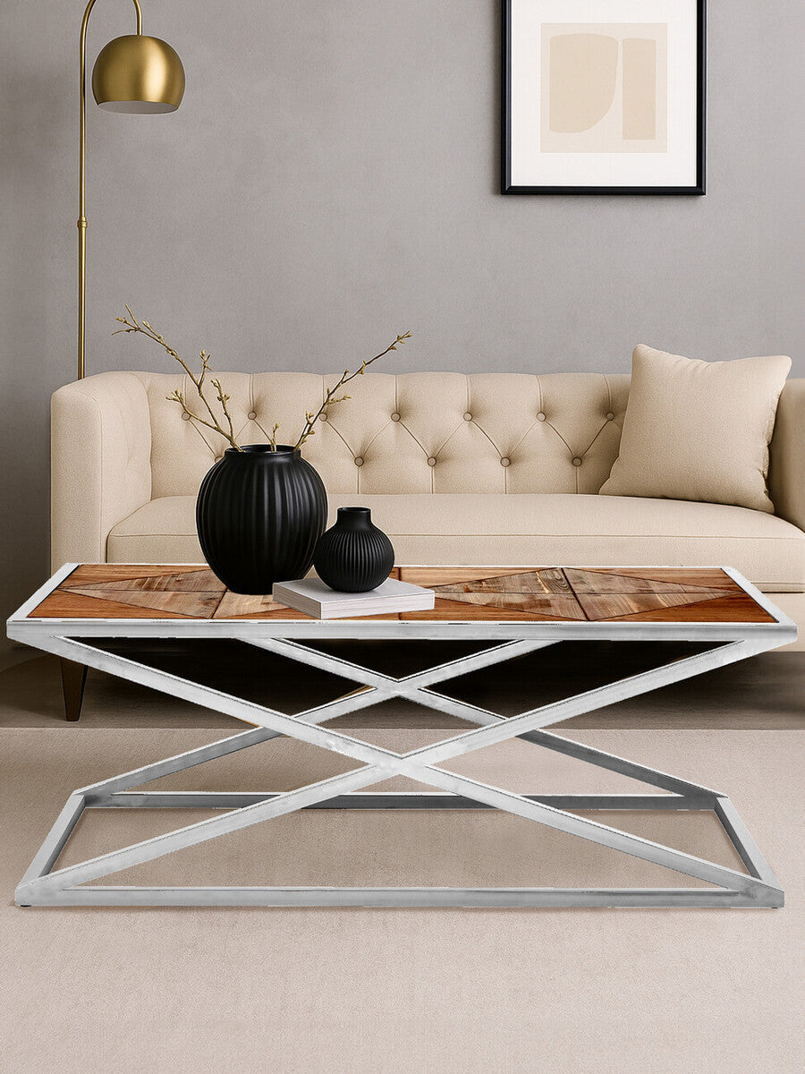 Rustic Grooved Fir Wood Veneer Coffee Table with Silver Stainless Steel Criss Cross Frame, Hudson