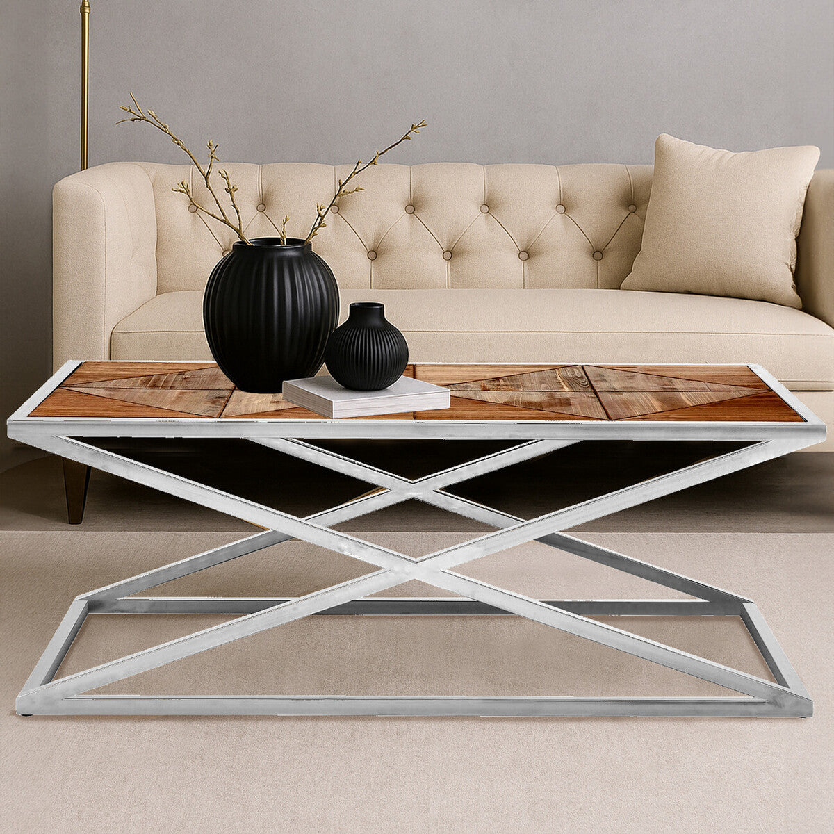 Rustic Grooved Fir Wood Veneer Coffee Table with Silver Stainless Steel Criss Cross Frame, Hudson