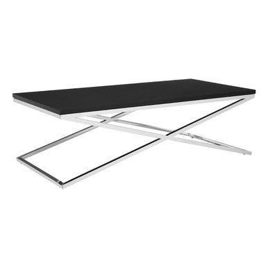 Black Coffee Table with Leather Effect MDF Top and Silver Crossed Steel Base, Tribute
