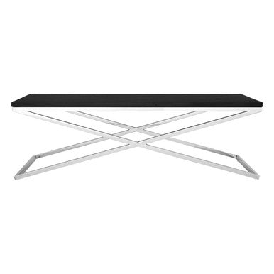 Black Coffee Table with Leather Effect MDF Top and Silver Crossed Steel Base, Tribute