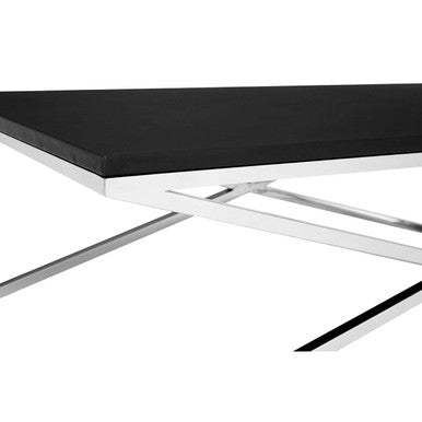 Black Coffee Table with Leather Effect MDF Top and Silver Crossed Steel Base, Tribute