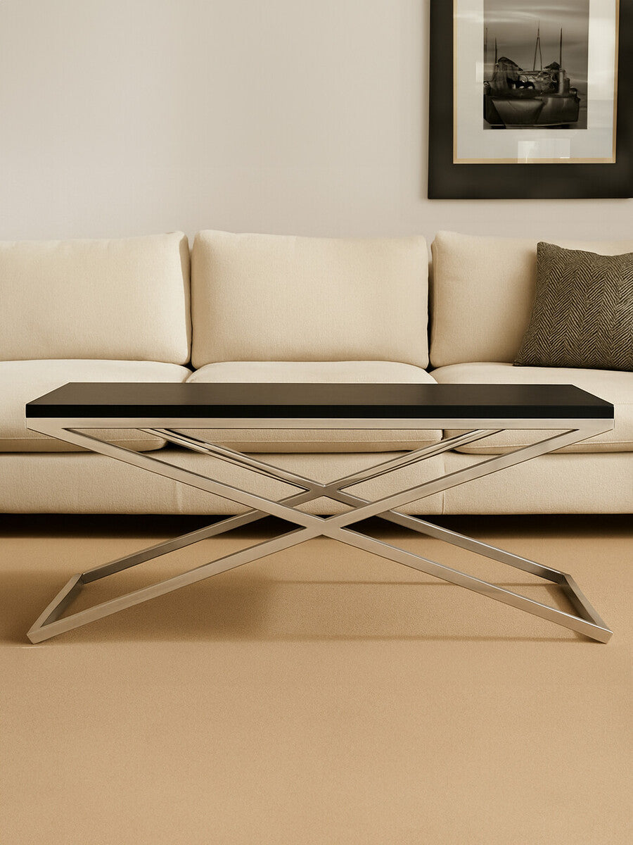 Black Coffee Table with Leather Effect MDF Top and Silver Crossed Steel Base, Tribute