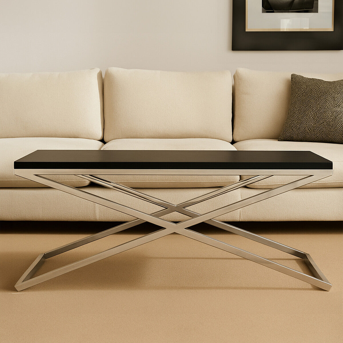 Black Coffee Table with Leather Effect MDF Top and Silver Crossed Steel Base, Tribute