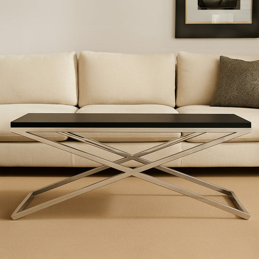 Black Coffee Table with Leather Effect MDF Top and Silver Crossed Steel Base, Tribute