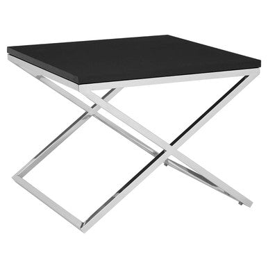 Black Leather Look End Table with Silver Stainless Steel Crisscross Legs, Tribute