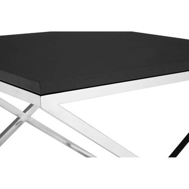 Black Leather Look End Table with Silver Stainless Steel Crisscross Legs, Tribute