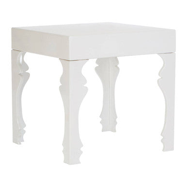 White High Gloss MDF Side Table with Decorative Shaped Curved Legs, Luis