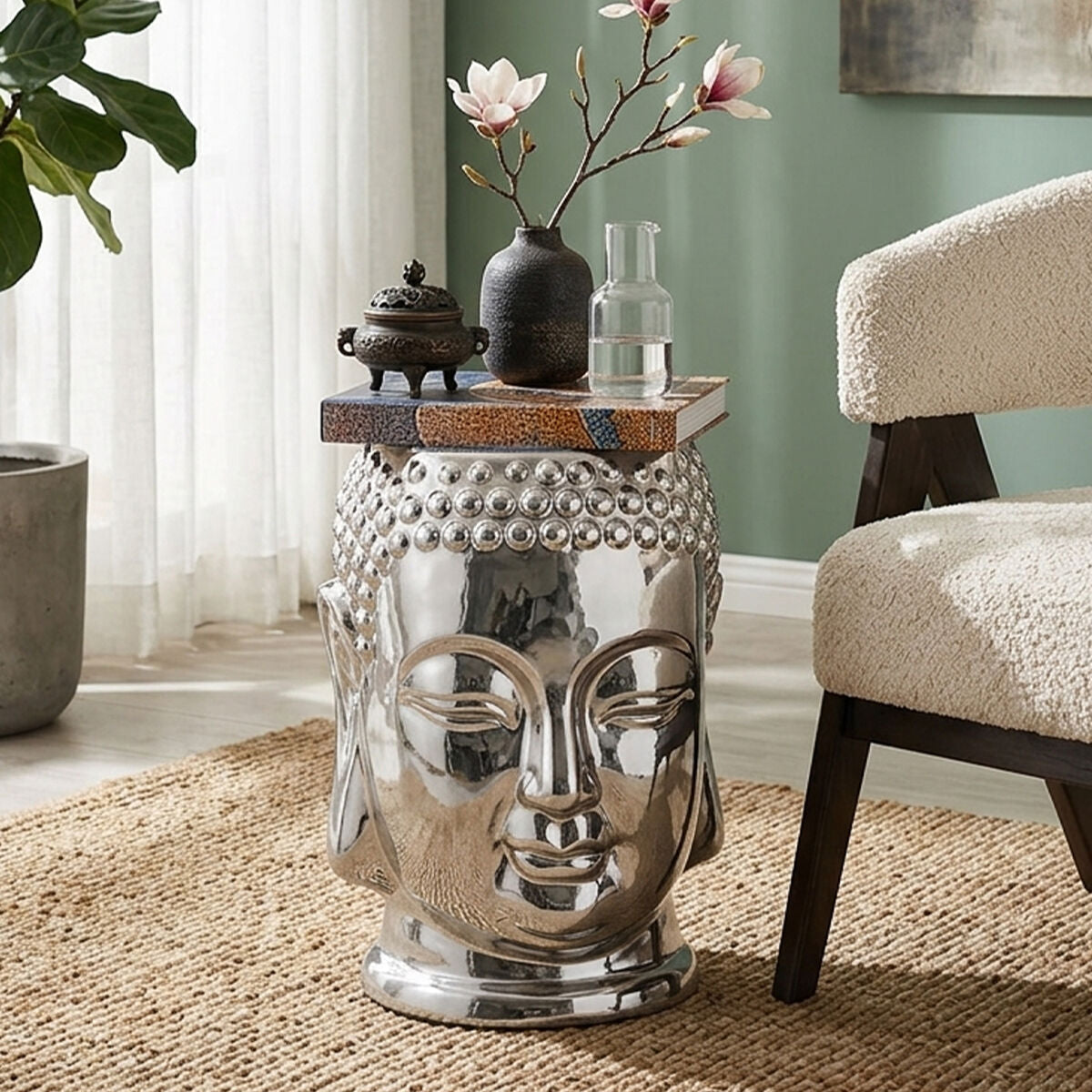 Torcello Silver Finish Ceramic Buddha Side Table and Stool