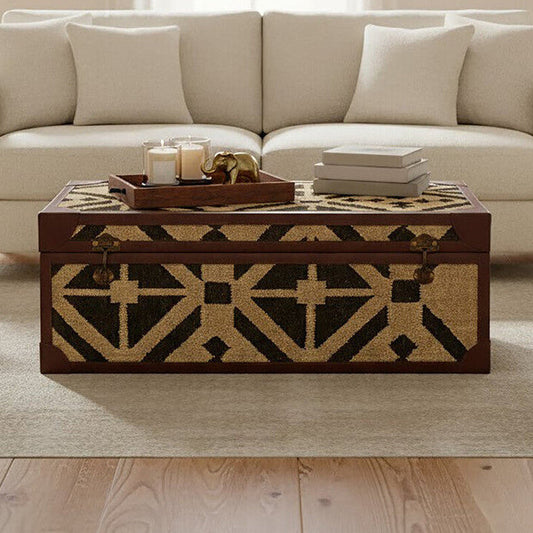 Natural and Black Coffee Table Trunk with Storage Galvanised Iron and Brown PU Leather Trim | Aztec