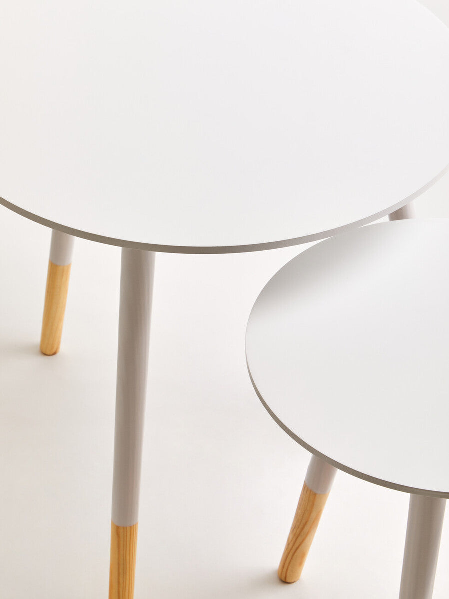 Set of 2 White Bamboo Round Nesting Side Tables with Natural Wood Legs, Viborg