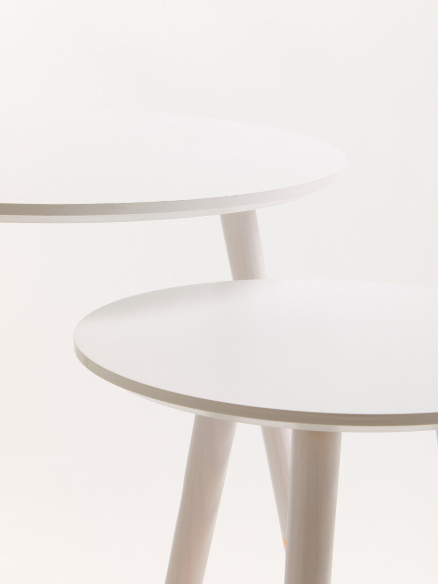Set of 2 White Bamboo Round Nesting Side Tables with Natural Wood Legs, Viborg