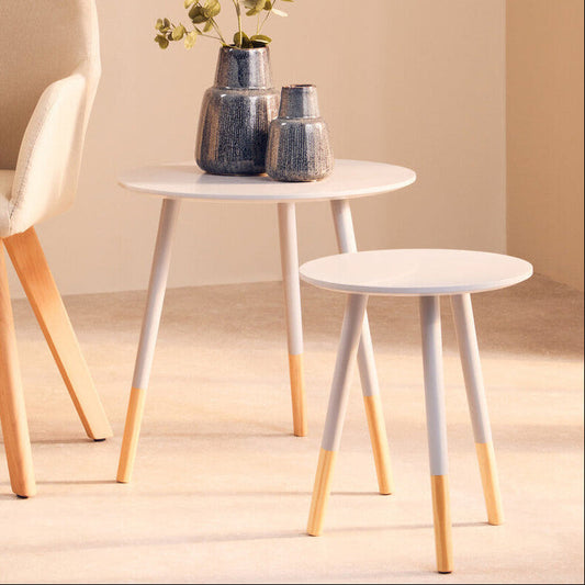 Set of 2 Grey Bamboo Round Nesting Side Tables with Natural Wood Legs, Viborg