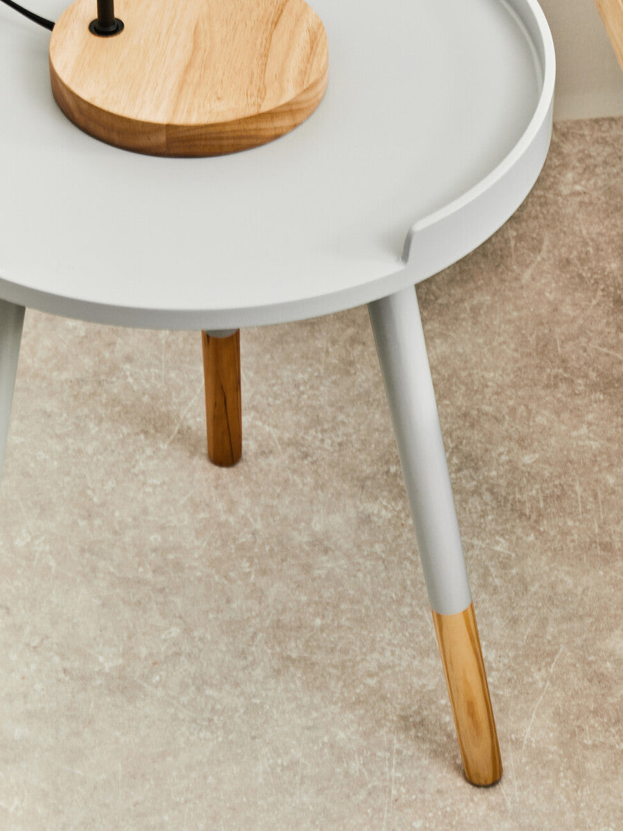 Grey Round Side Table with Natural Wood Effect Feet, Viborg