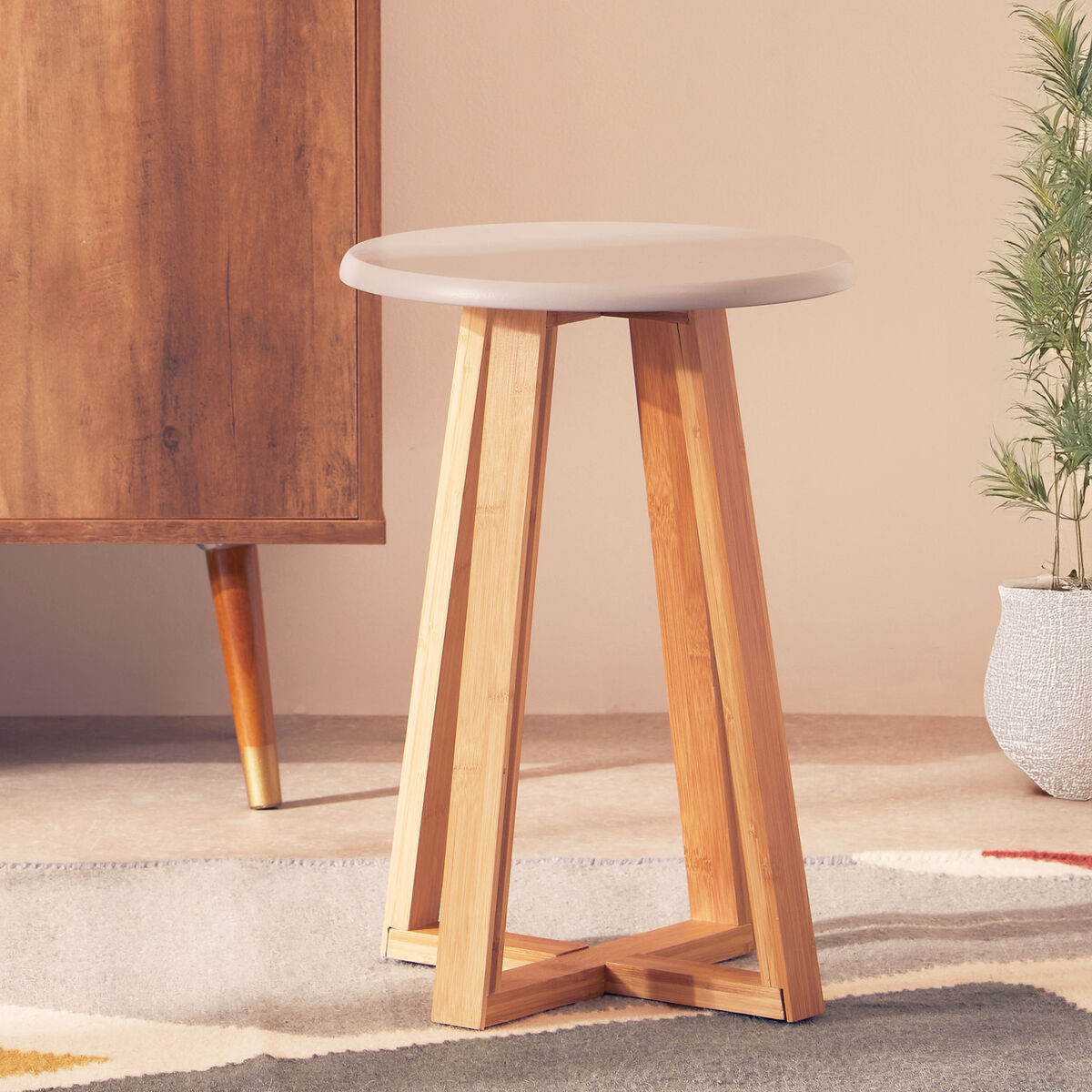 Viborg Grey and Natural Bamboo Round Stool