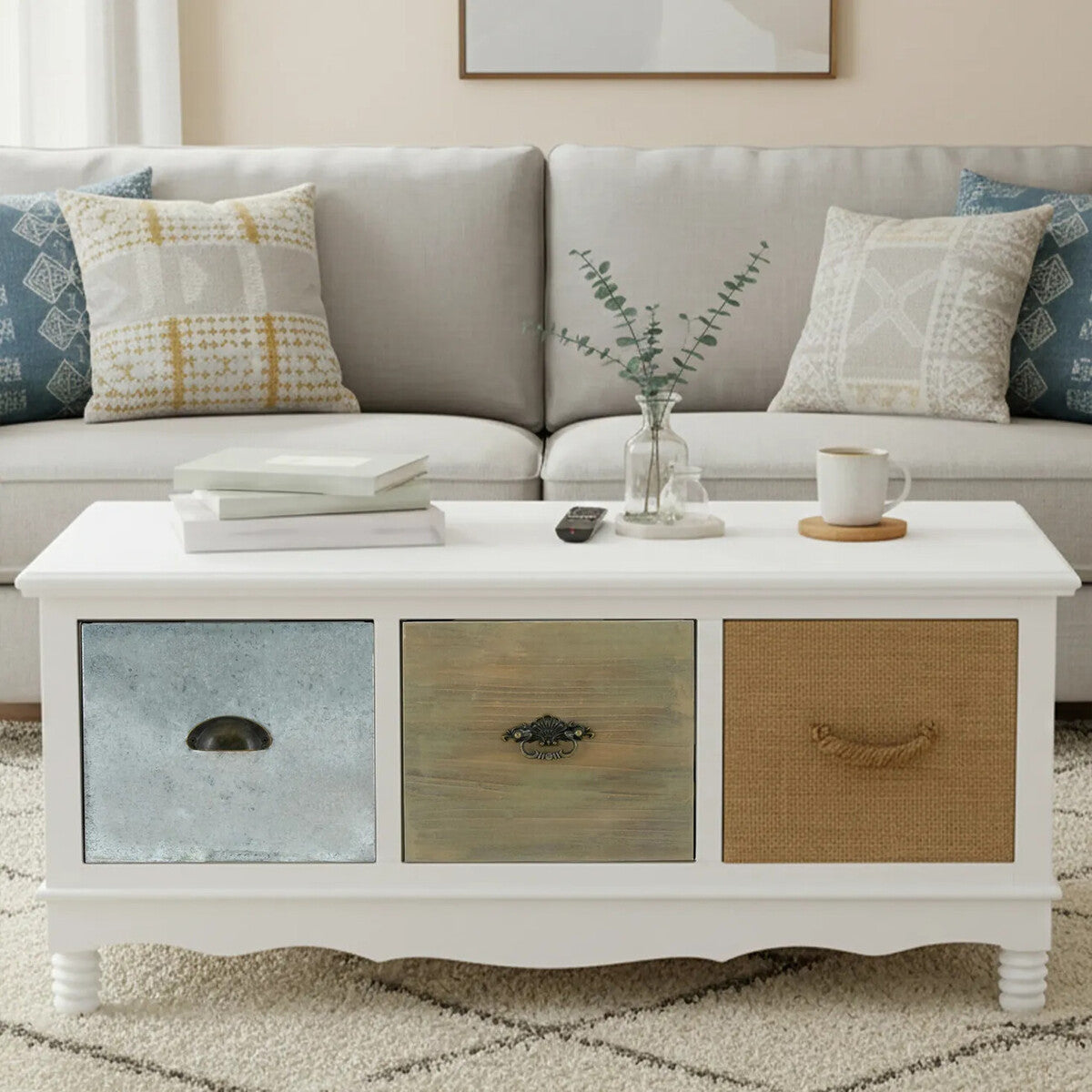 Weymouth White Finish Coffee Table with Multi Coloured Drawers