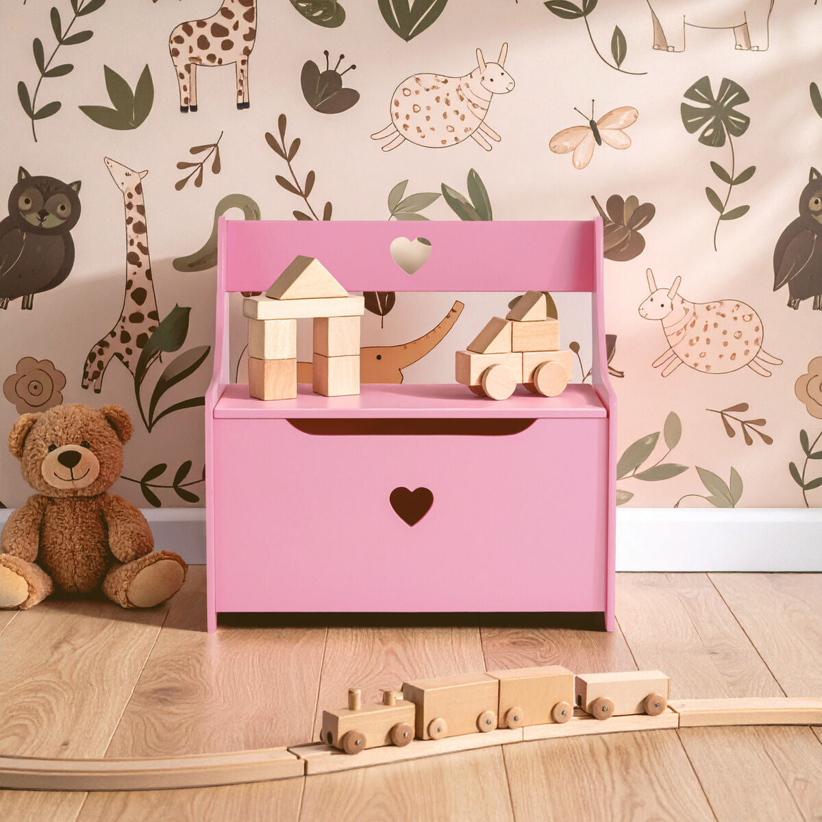 Kids Pink Heart Design Storage Box and Seat
