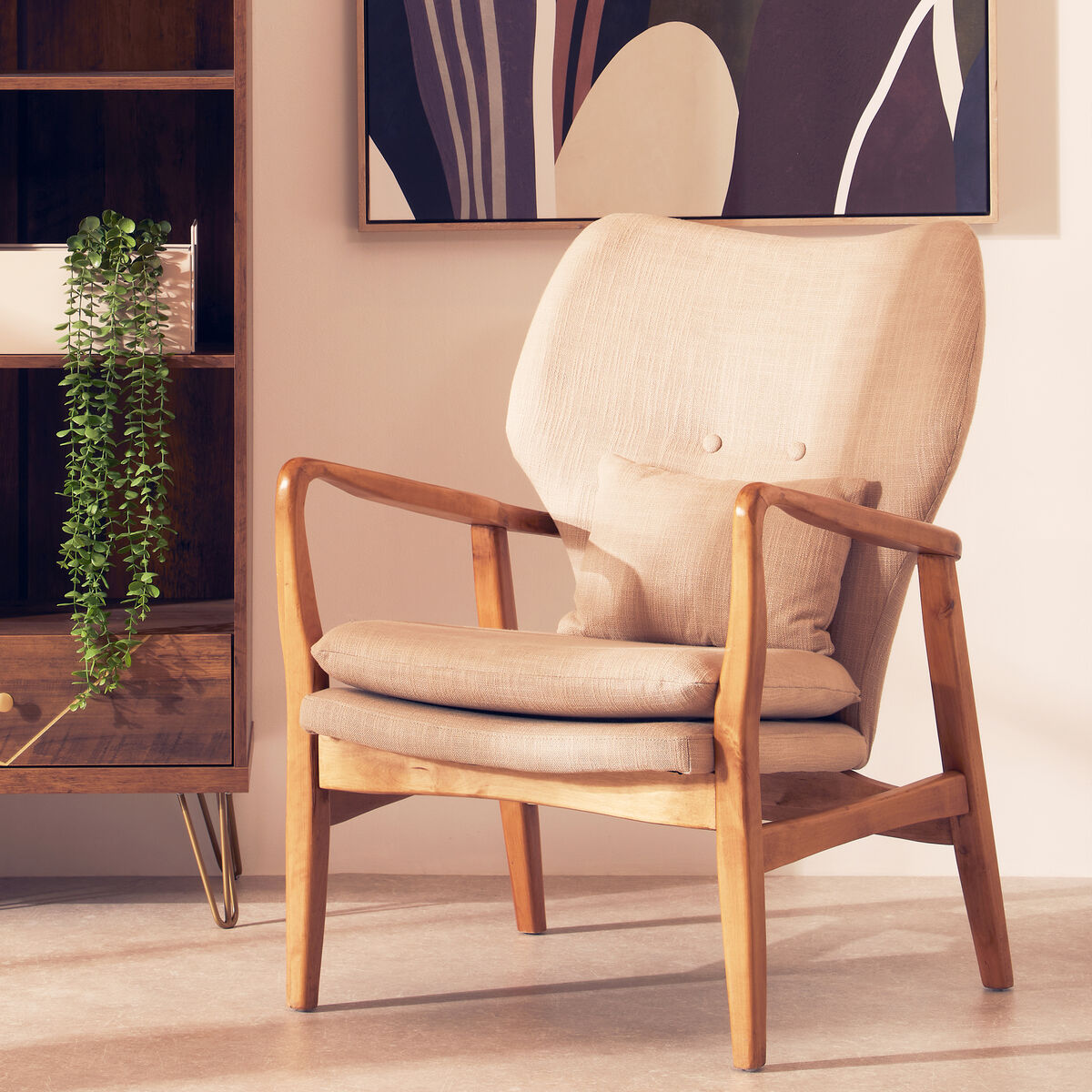 Stockholm Beige Fabric Chair with Wooden Frame