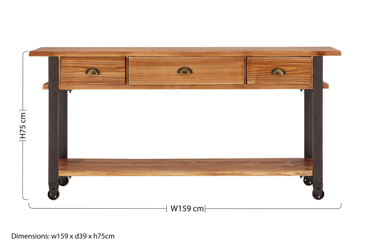 Natural Wooden 3-Drawer Console Table with Black Metal Legs, New Foundry
