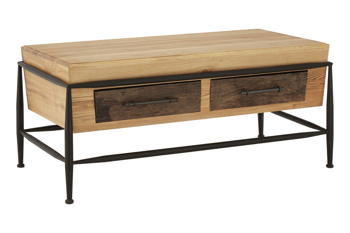 Natural and Brown Wooden Coffee Table with Metal Legs, New Foundry