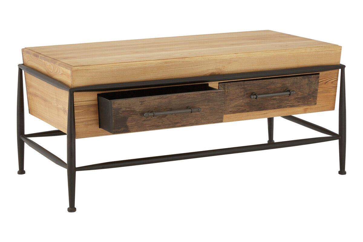 Natural and Brown Wooden Coffee Table with Metal Legs, New Foundry