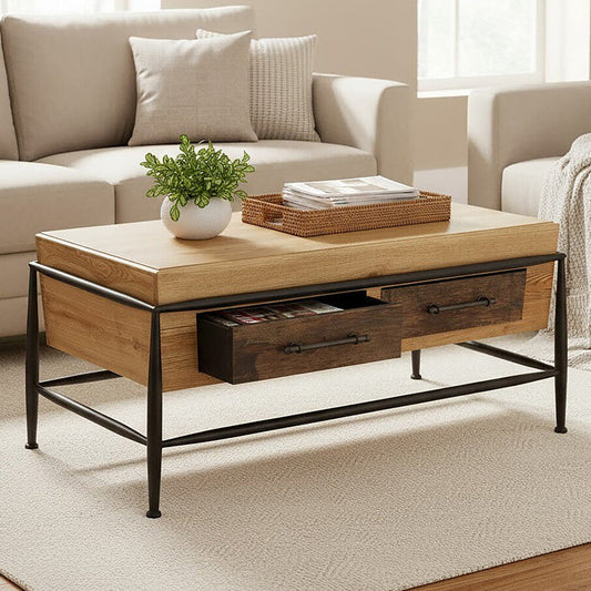 Natural and Brown Wooden Coffee Table with Metal Legs, New Foundry