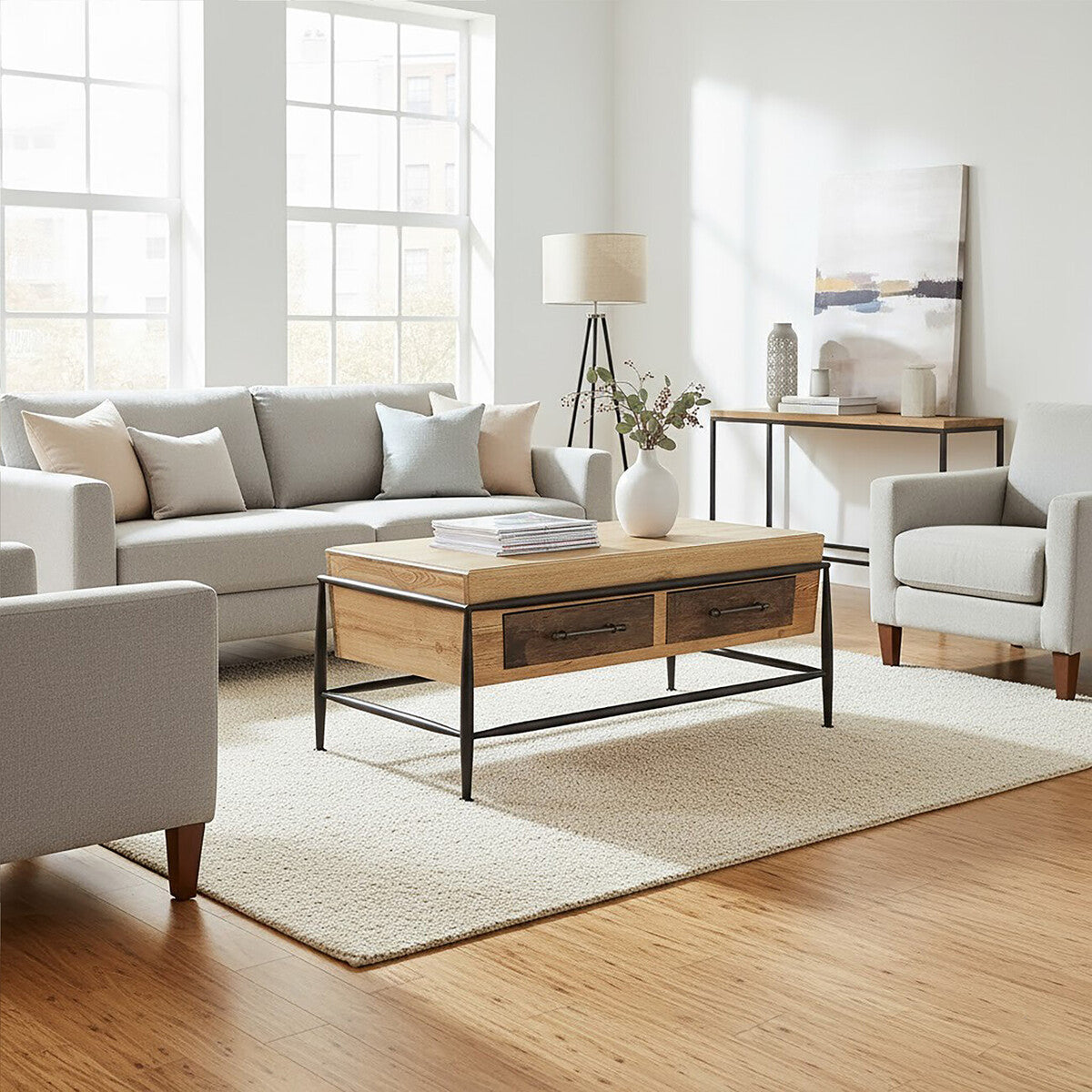 Natural and Brown Wooden Coffee Table with Metal Legs, New Foundry