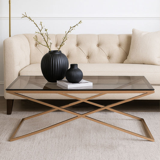 Black Glass Top and Gold Criss Cross Base Coffee Table, Montril