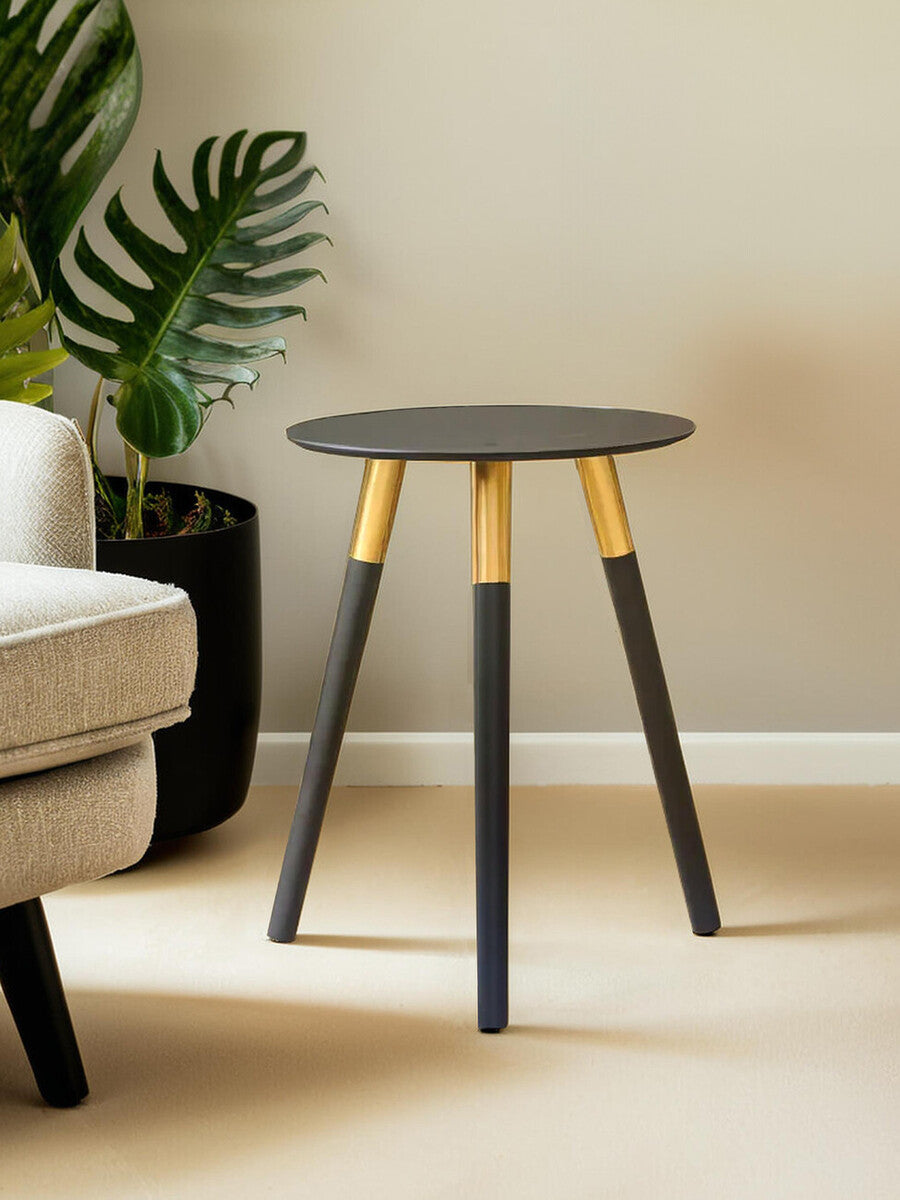 Black Oak Veneer Wooden Top Side Table with Gold Trim and Angled Legs, Nostra