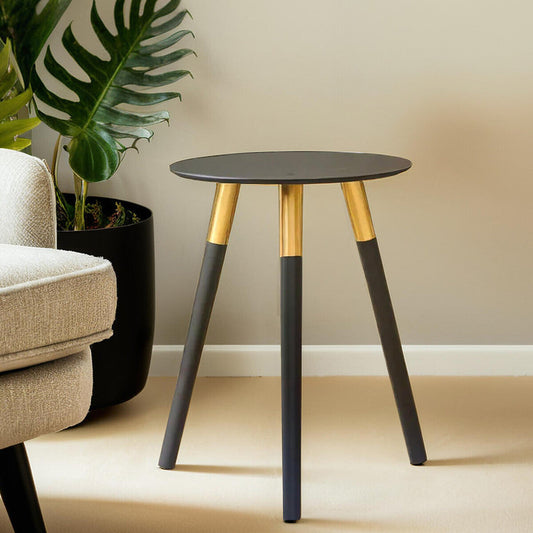 Black Oak Veneer Wooden Top Side Table with Gold Trim and Angled Legs, Nostra
