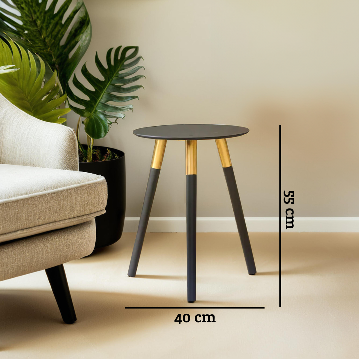 Black Oak Veneer Wooden Top Side Table with Gold Trim and Angled Legs, Nostra