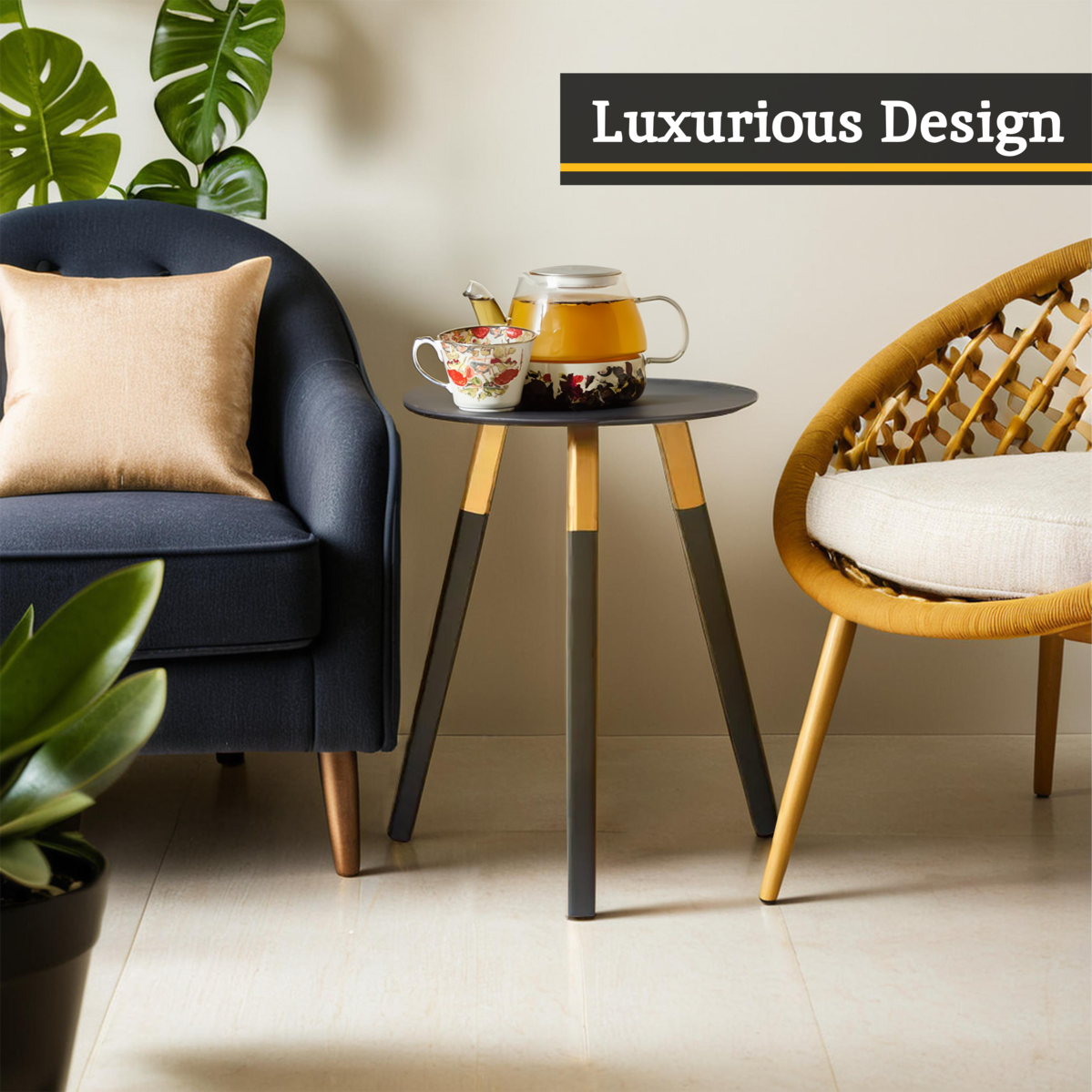 Black Oak Veneer Wooden Top Side Table with Gold Trim and Angled Legs, Nostra