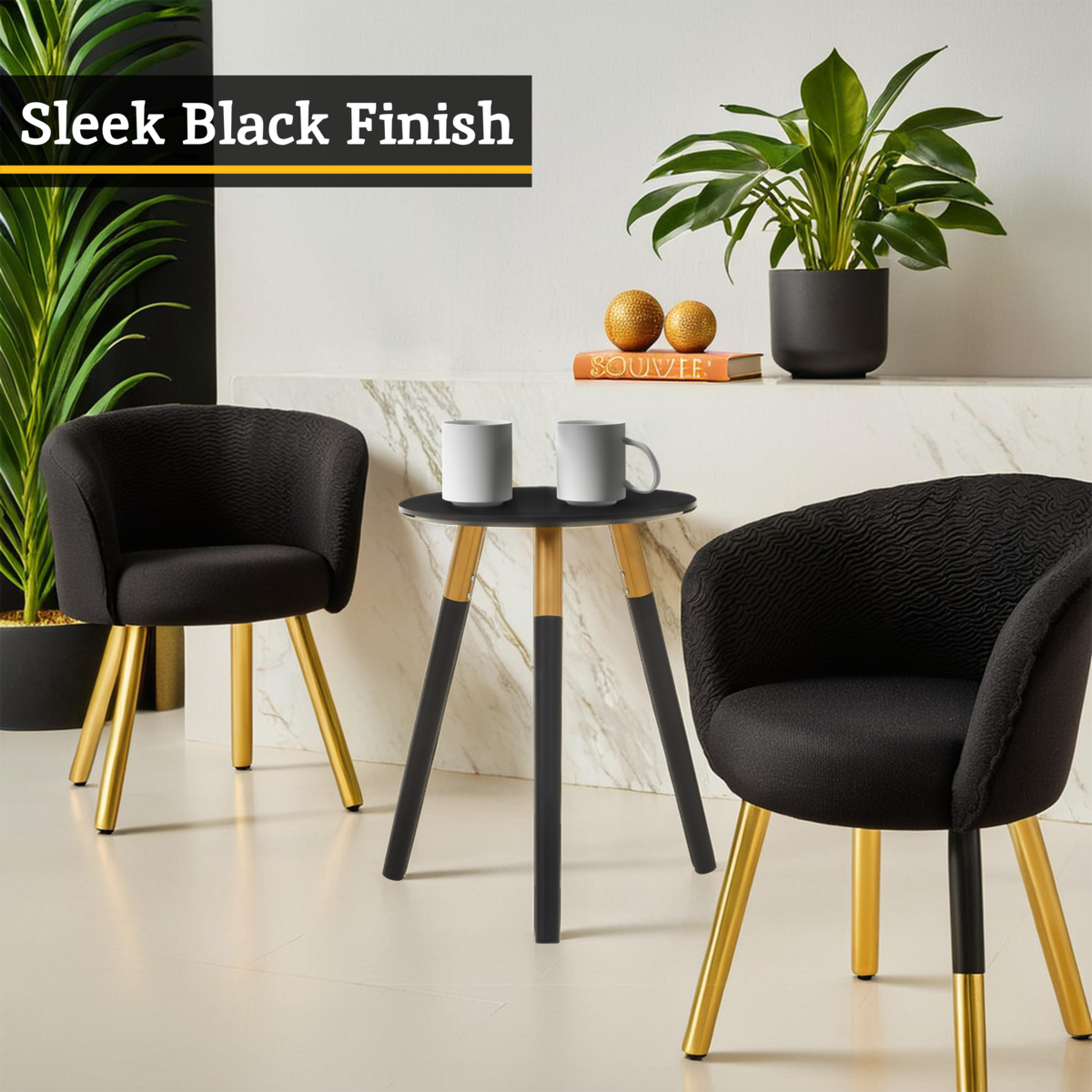 Black Oak Veneer Wooden Top Side Table with Gold Trim and Angled Legs, Nostra