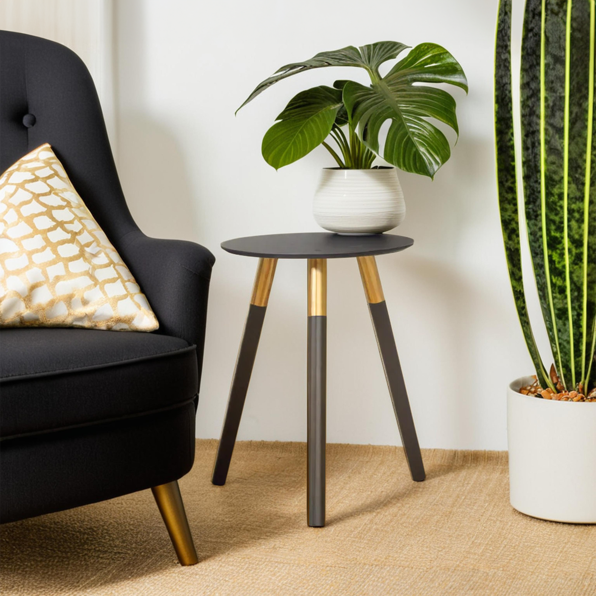 Black Oak Veneer Wooden Top Side Table with Gold Trim and Angled Legs, Nostra