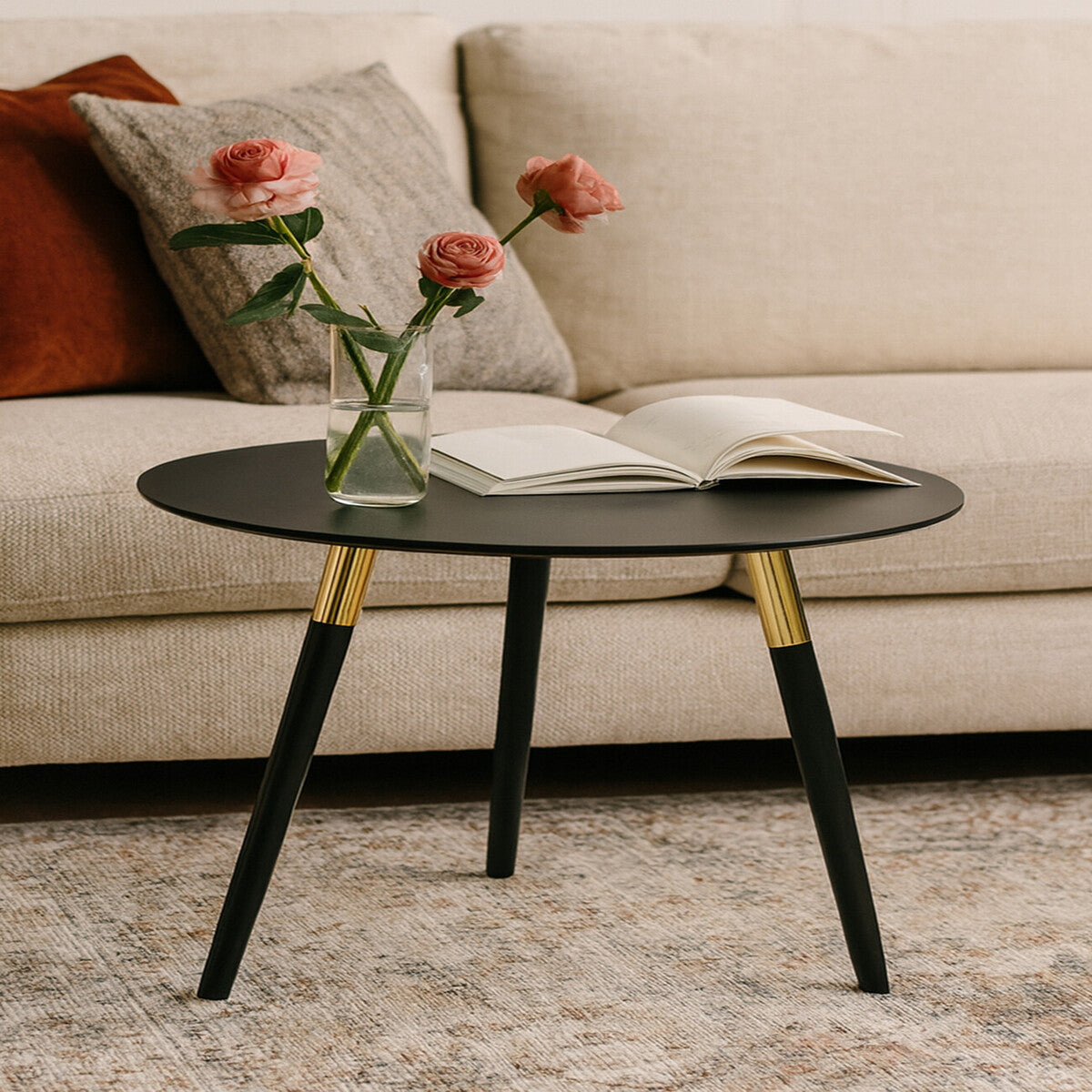 Black Oak Veneer Wooden Top Coffee Table with Gold Trim and Angled Legs, Nostra