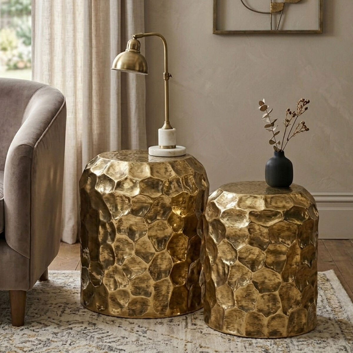Templar Antique Brass Finish Textured Set of 2 Side Tables