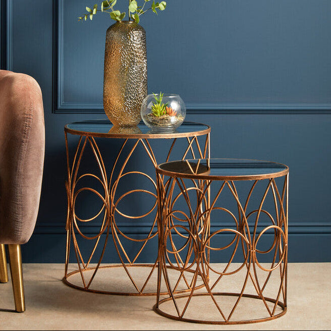 Set of 2 Antique Finish Frame Side Tables with Round Mirrored Top, Avantis