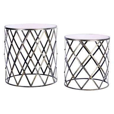 Avantis Silver Finish Set of 2 Round Side Tables with Diamond Design