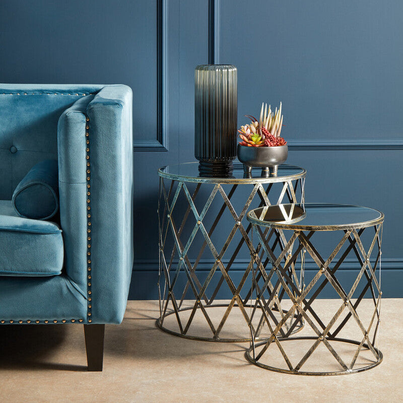 Avantis Silver Finish Set of 2 Round Side Tables with Diamond Design