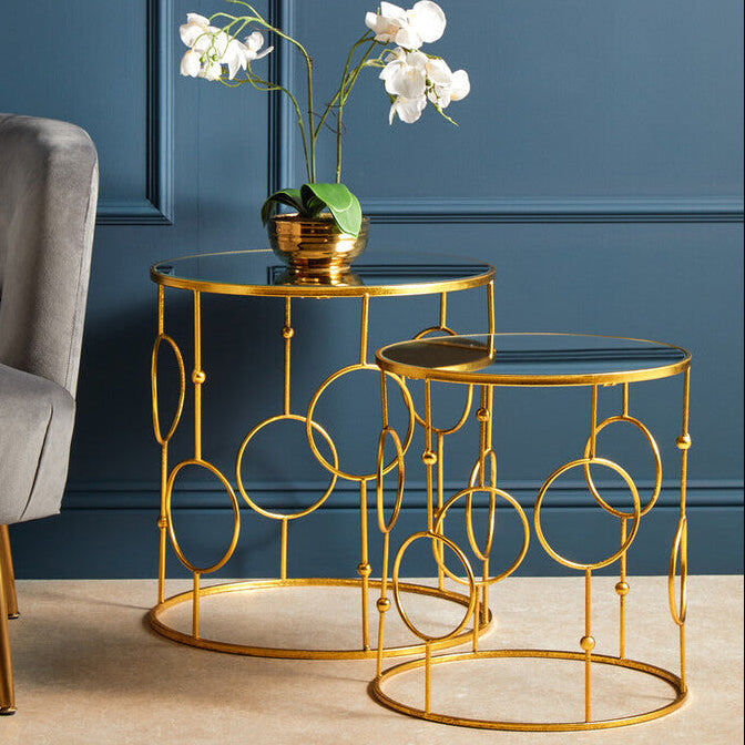 Set of 2 Gold Metal Tables with Mirrored Glass Top, Avantis