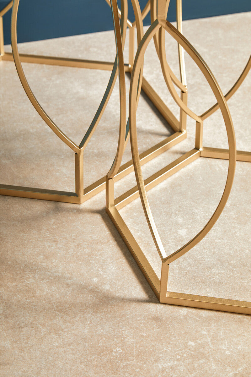 Set of 2 Hexagon Gold Champagne Finish Frame Side Tables with Mirrored Glass Top, Avantis