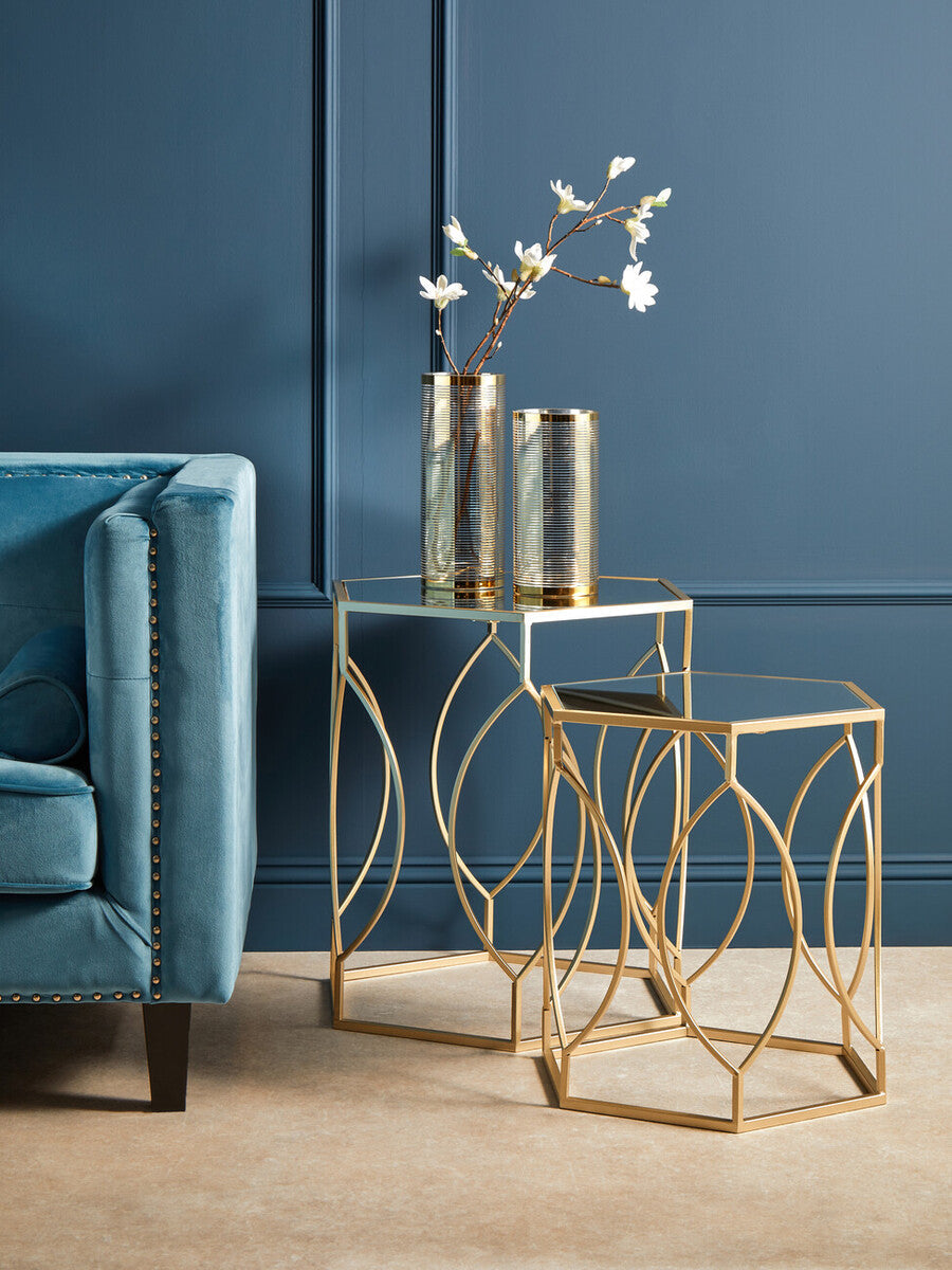 Set of 2 Hexagon Gold Champagne Finish Frame Side Tables with Mirrored Glass Top, Avantis
