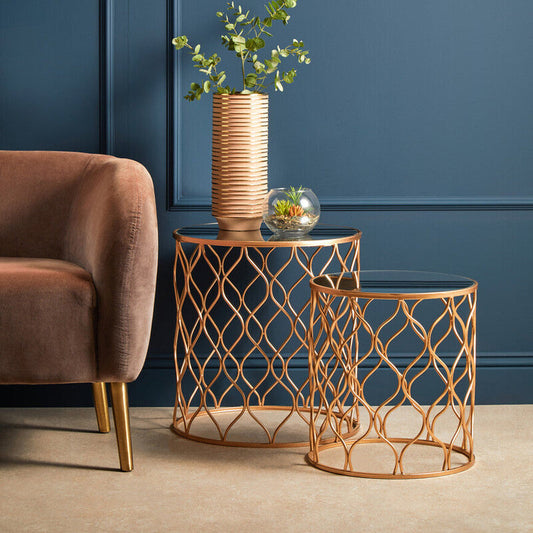 Avantis Copper Finish Set of 2 Round Side Tables with Arabesque Design