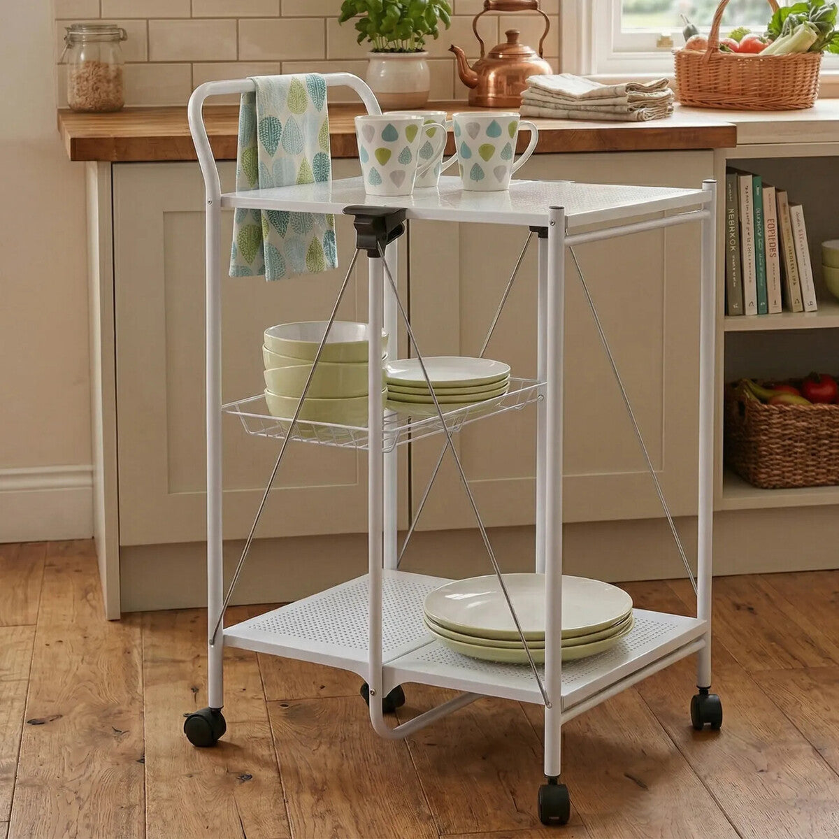 Harlow White Finish Folding Kitchen Trolley