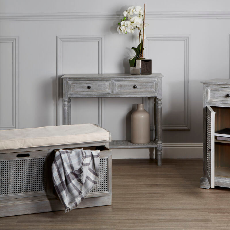Heritage Grey Wash Wooden 2 Drawer Console Table with Lower Shelf
