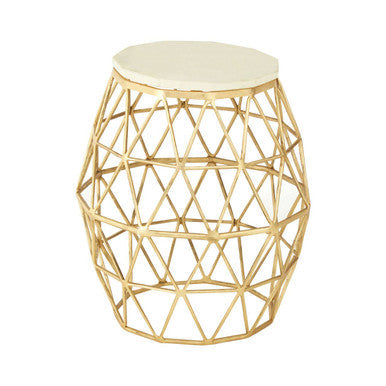 White Marble Top Side Table with Geometric Gold Finish Stone Frame | Templar