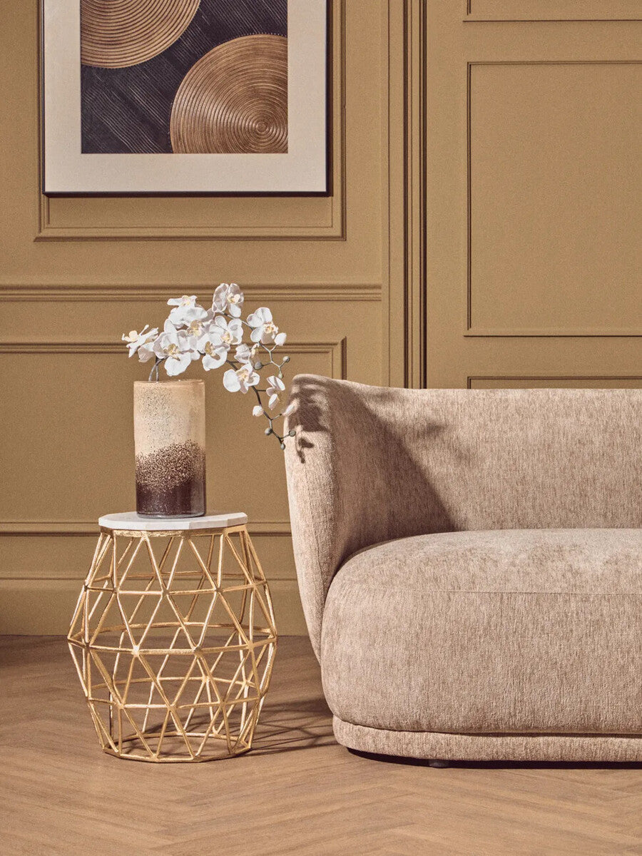 White Marble Top Side Table with Geometric Gold Finish Stone Frame | Templar