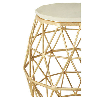 White Marble Top Side Table with Geometric Gold Finish Stone Frame | Templar