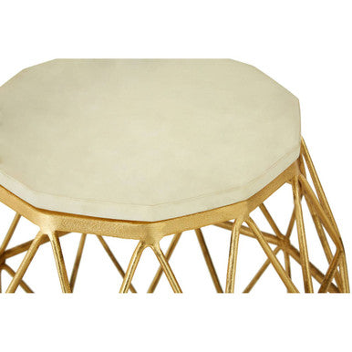 White Marble Top Side Table with Geometric Gold Finish Stone Frame | Templar