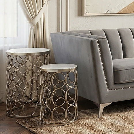 Templar White Marble and Nickel Finish Set of 2 Side Tables